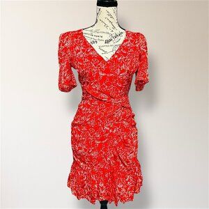 Parker Krislyn Silk Dress 0 Red Floral Ruched Ruffle V Neck Short Sleeve Party